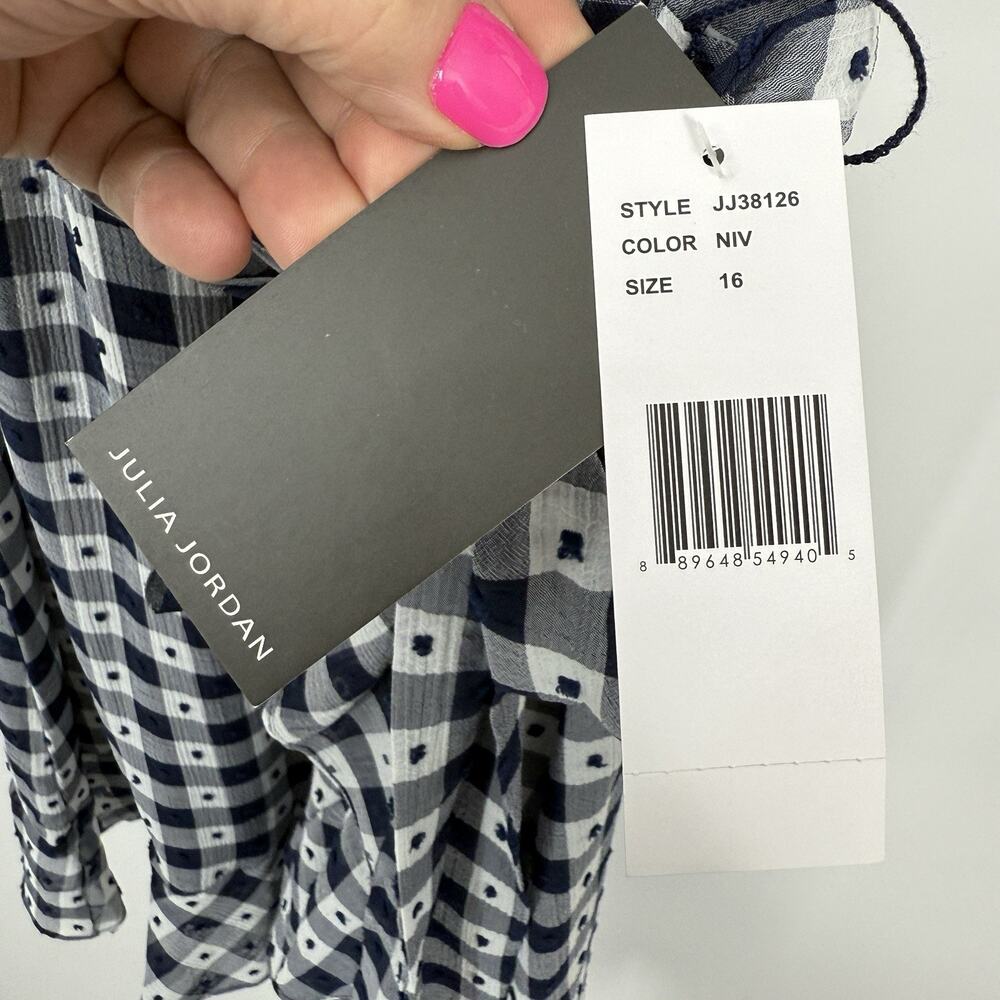 Julia Jordan Faux Wrap Dress size 16 Blue Check Ruffled Hem Feminine NWT - Picture 12 of 15